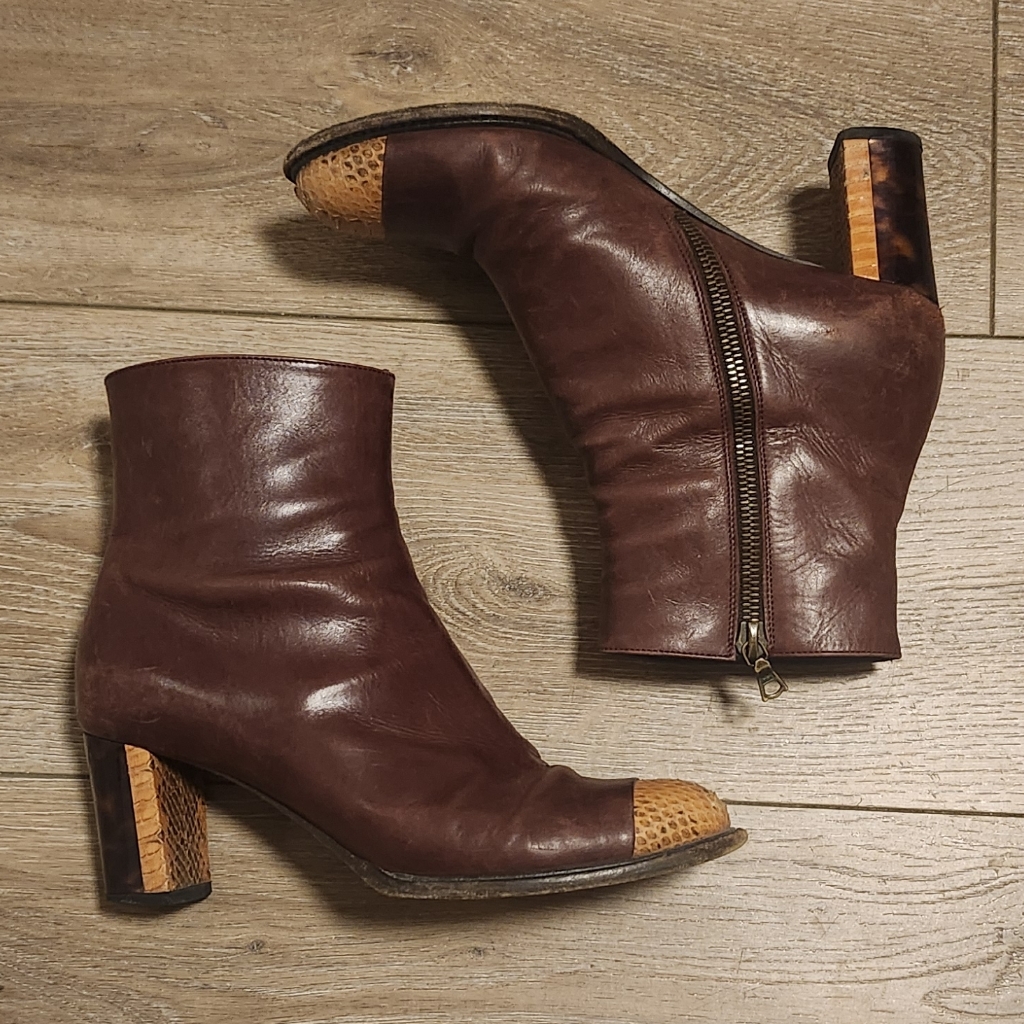 Dries Van Noten Brown Leather Ankle Boots With Yellow Snakeskin